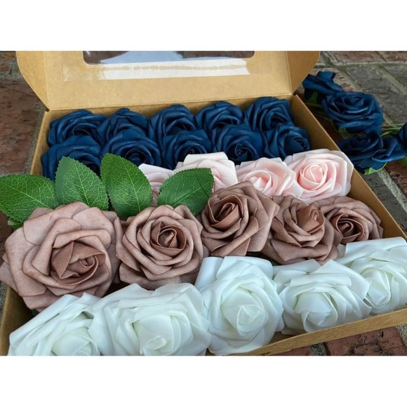25 count | White Navy Blue Blush Pink Dusty Rose Wedding Flowers Bouquet - Picture 2 of 2